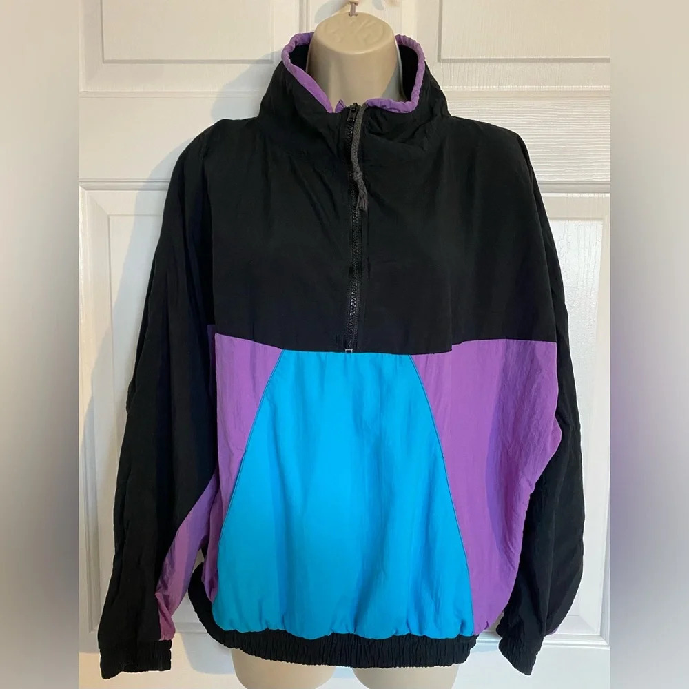 Shell Shock Vintage Mock Neck Windbreaker Black Blue Purple 3/4 zip Jacket